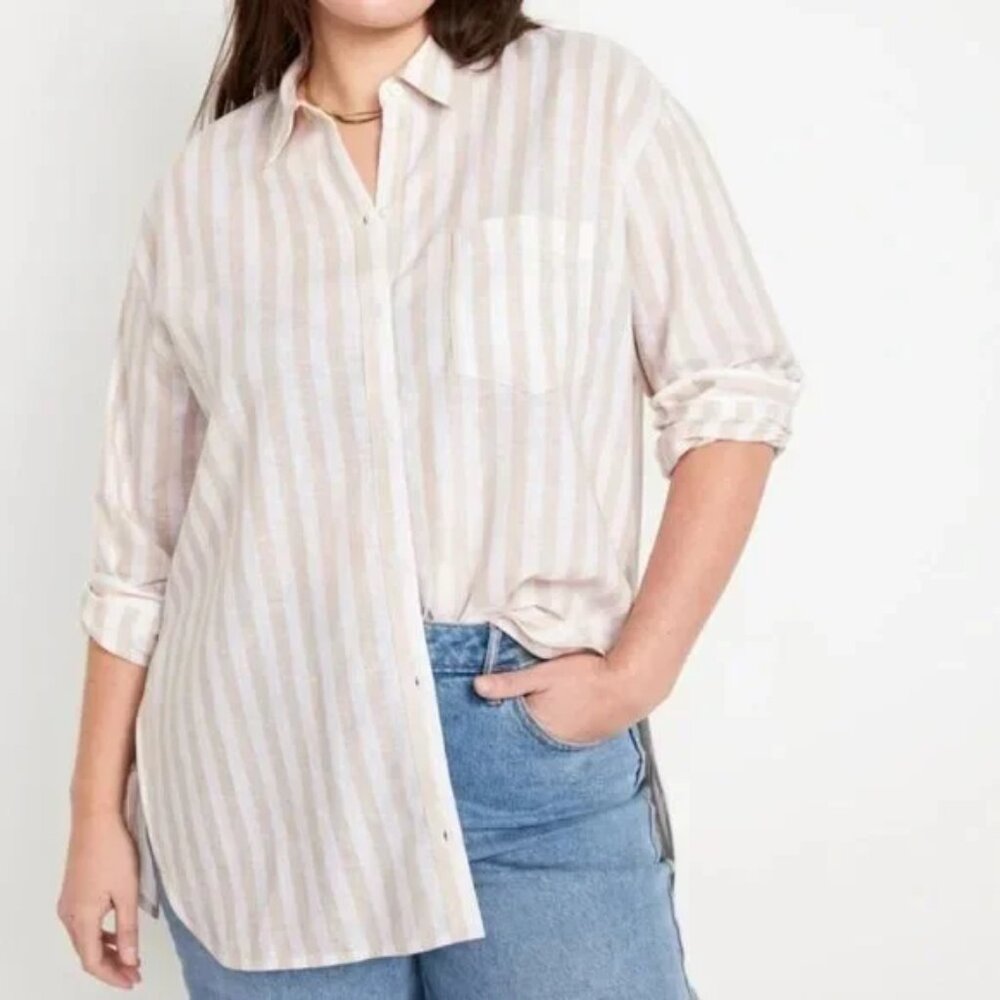 Old Navy Linen Blen Boyfriend Button Down, Tan/White Stripe, size XXL